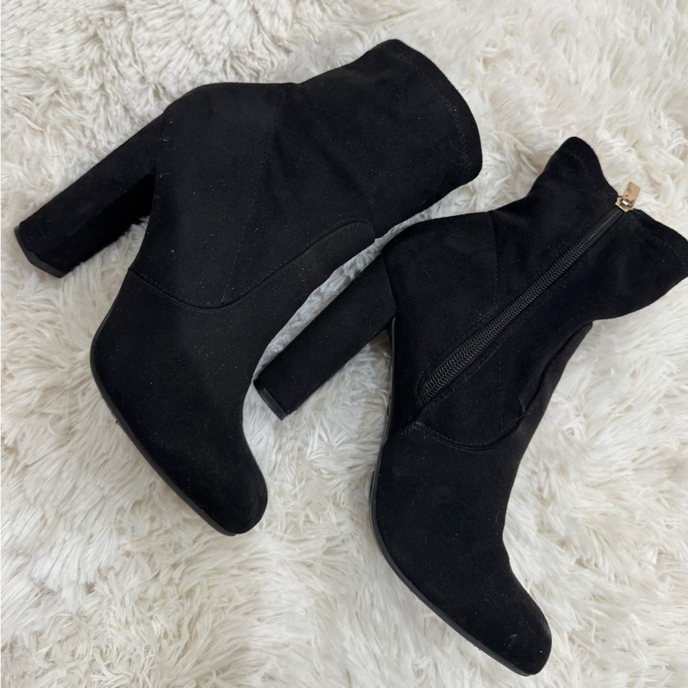 BAMBOO Black Suede-Look Block Heel Ankle Booties